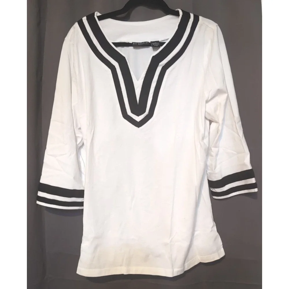 Bay Studio Plus‎ White Black Striped V-Neck, 3/4 Sleeve Top, Women's 1X Tunic